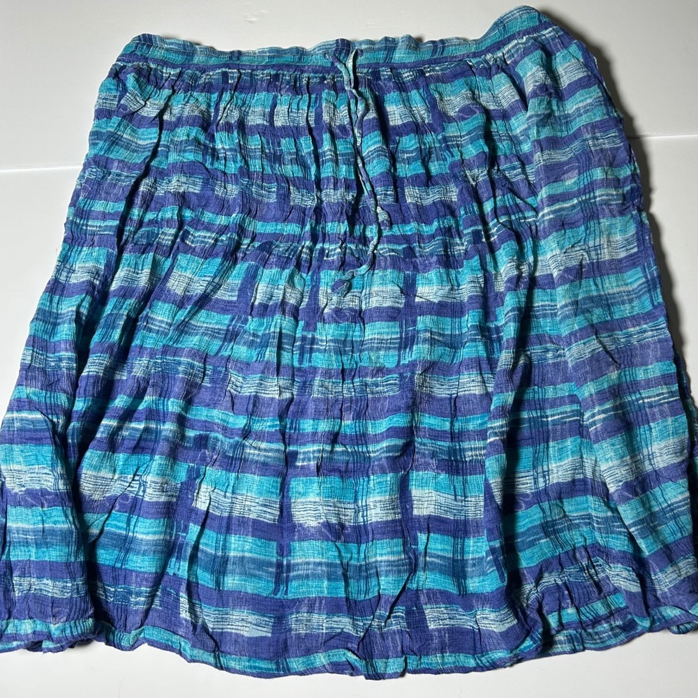 Orvis Vintage Rayon Crinkle Broomstick Skirt L Blue Plaid Elastic Womens